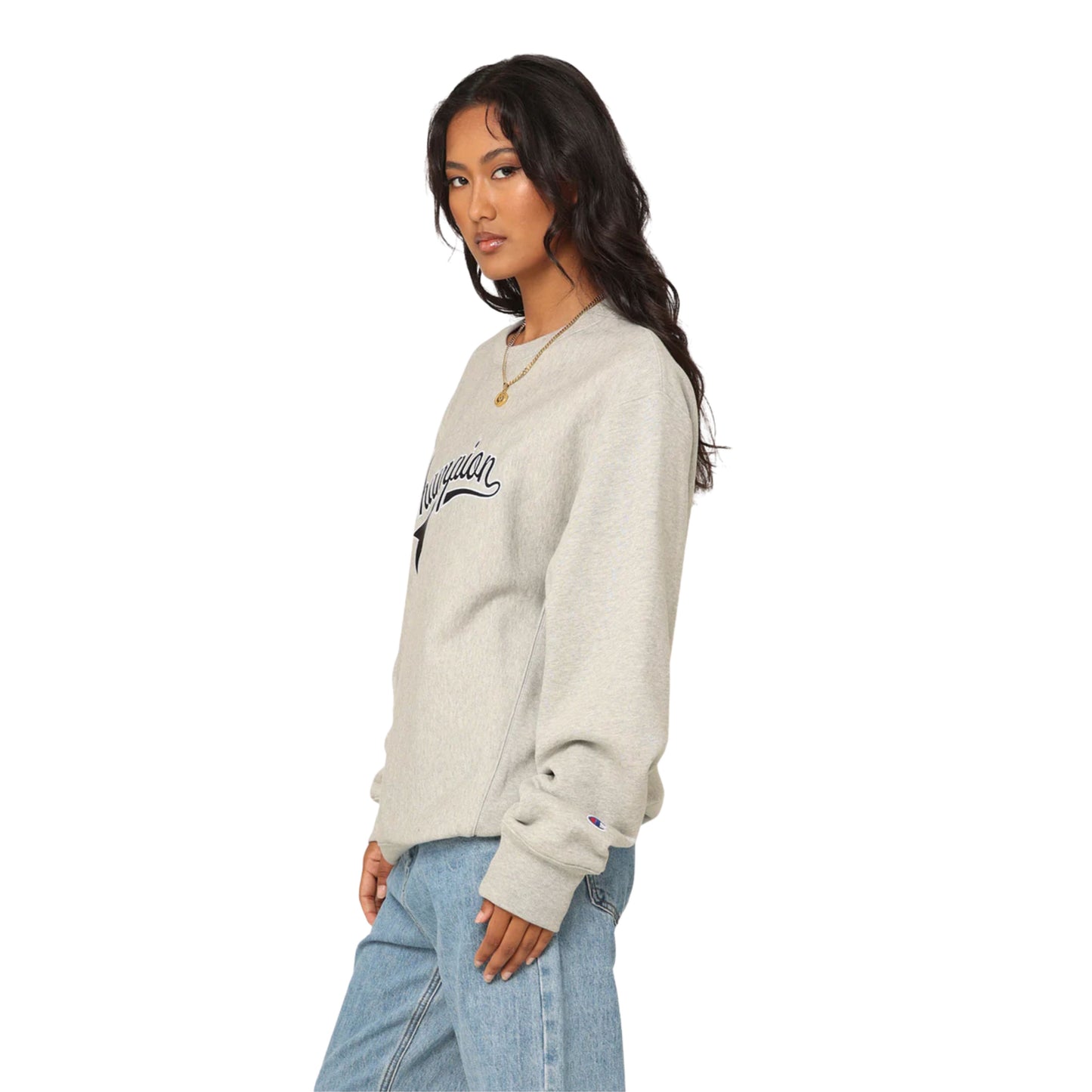 Champion Reverse Weave Cursive Logo Crew Oxford Heather AUVG