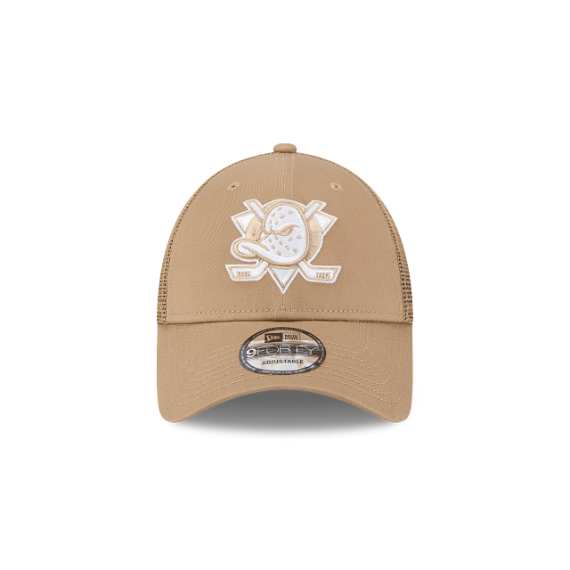 New Era 9Forty AFrame Anaheim Ducks Trucker Cap Tan White Logo