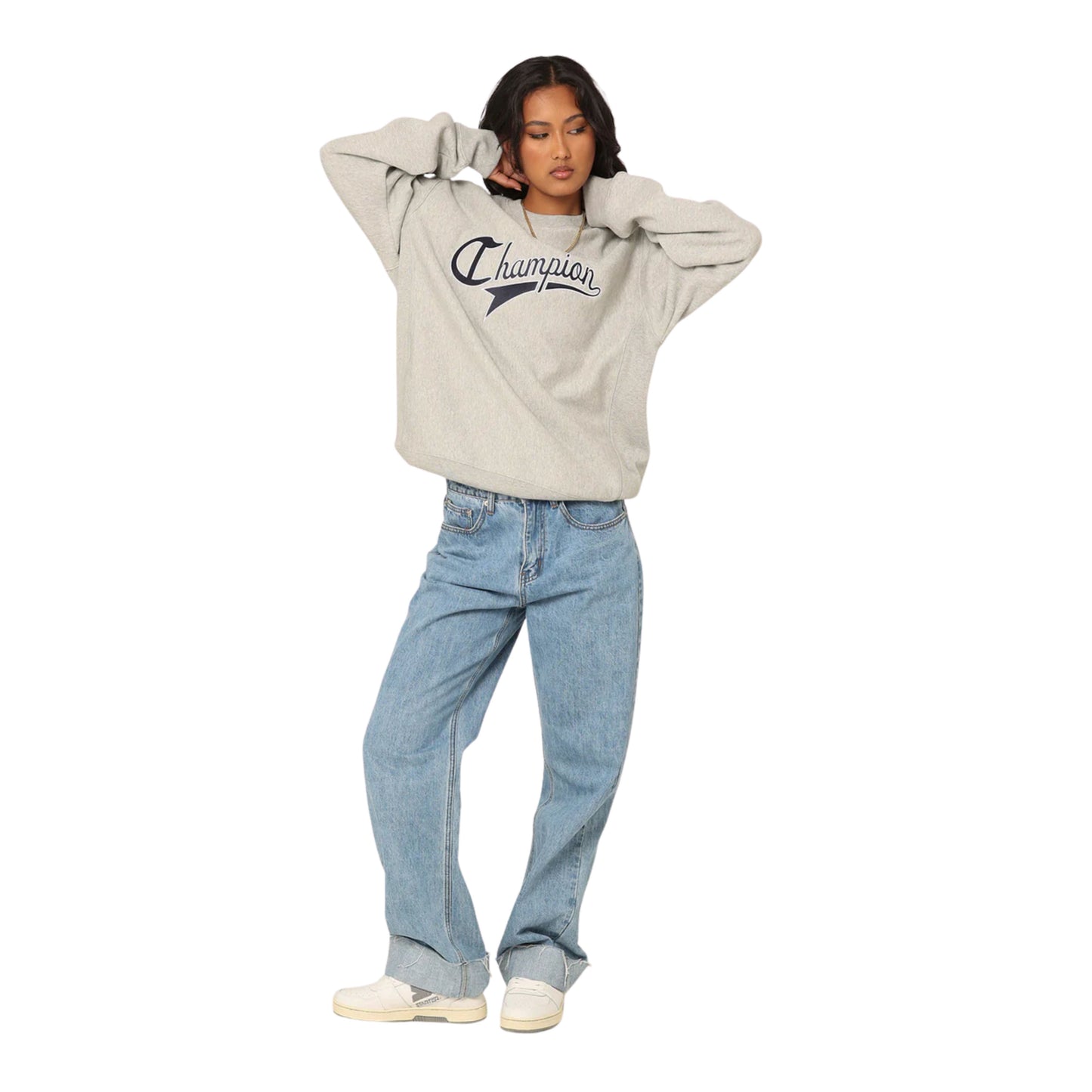 Champion Reverse Weave Cursive Logo Crew Oxford Heather AUVG