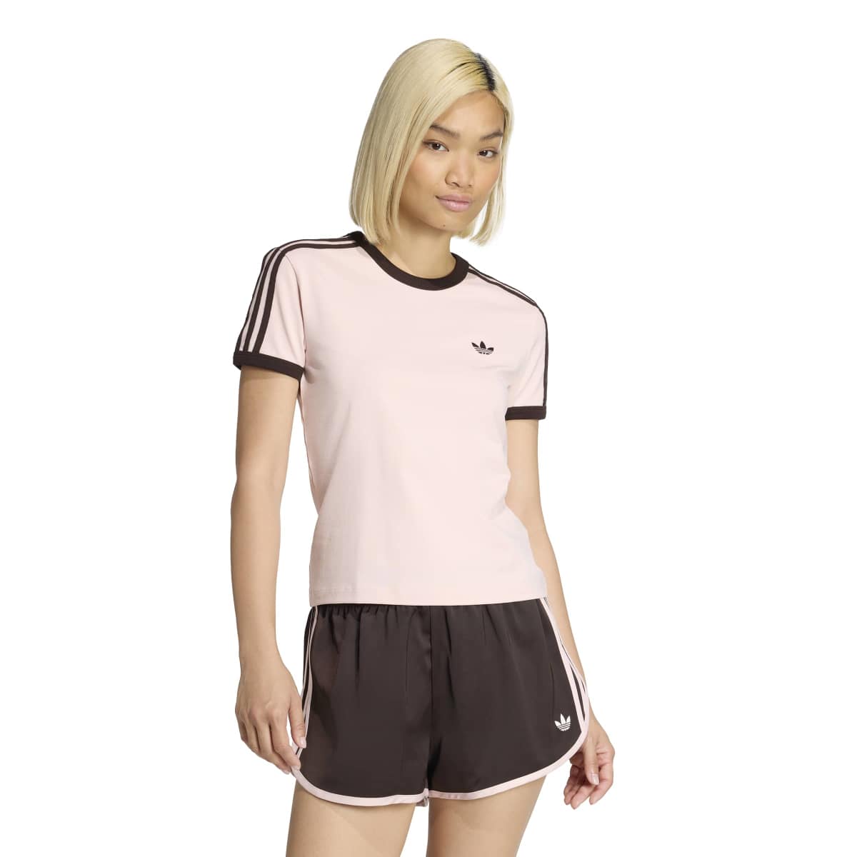 Adidas 3 Stripe Womens Slim Tee Pink Dark Brown Stripes