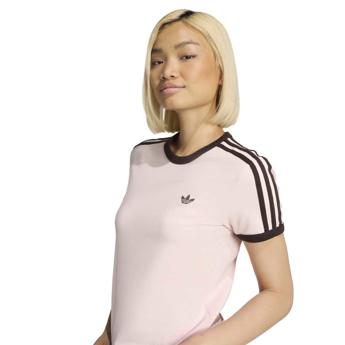 Adidas 3 Stripe Womens Slim Tee Pink Dark Brown Stripes