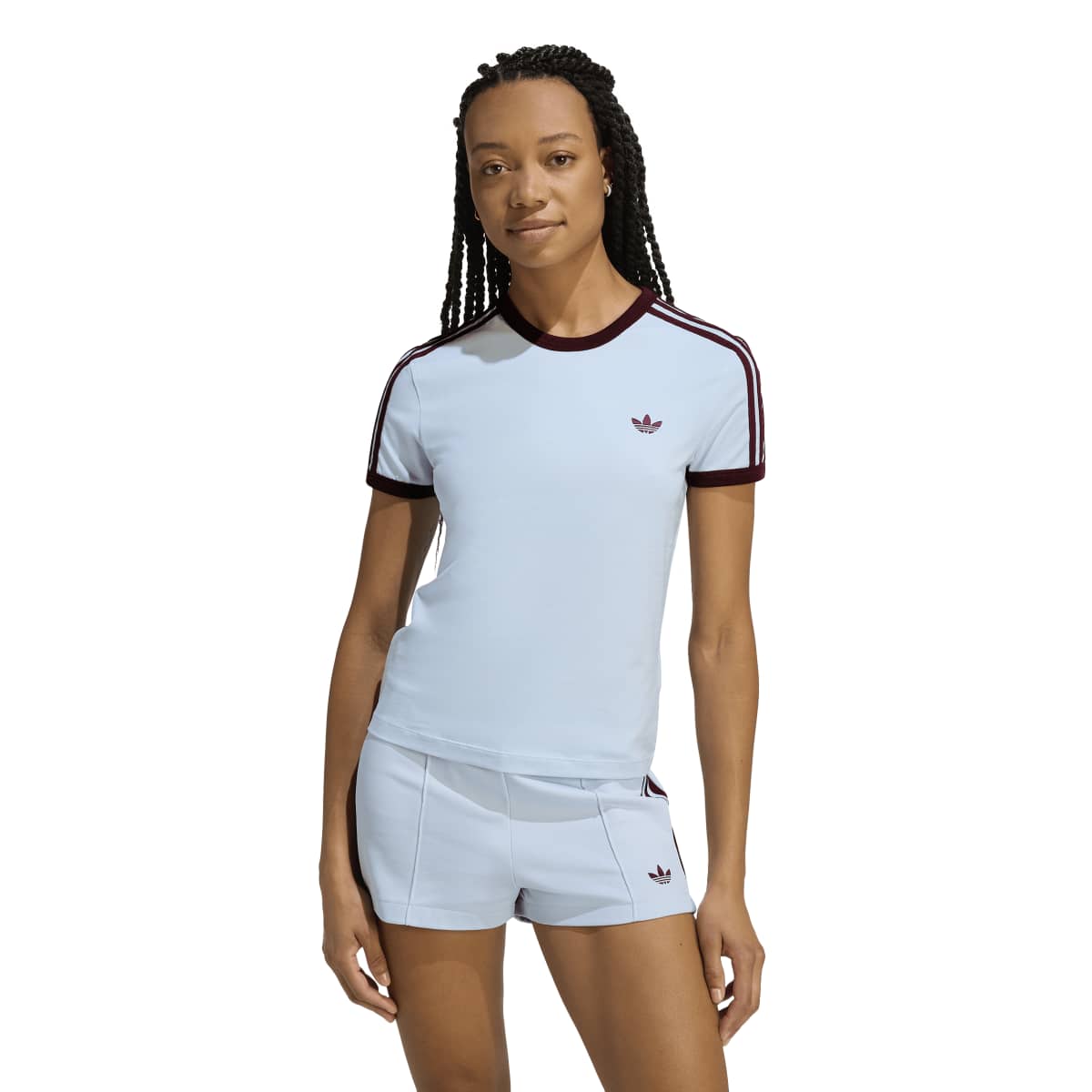 Adidas 3 Stripe Tee Slim fit Light Blue with Maroon Stripes