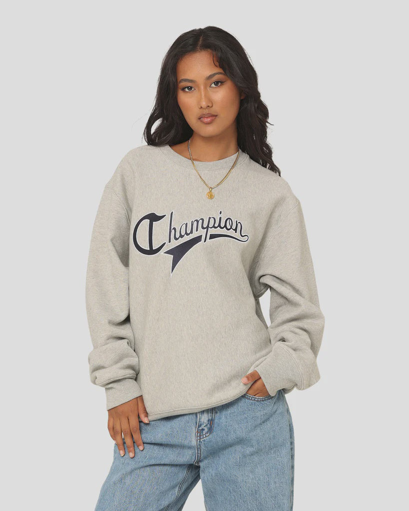Champion Reverse Weave Cursive Logo Crew Oxford Heather AUVG